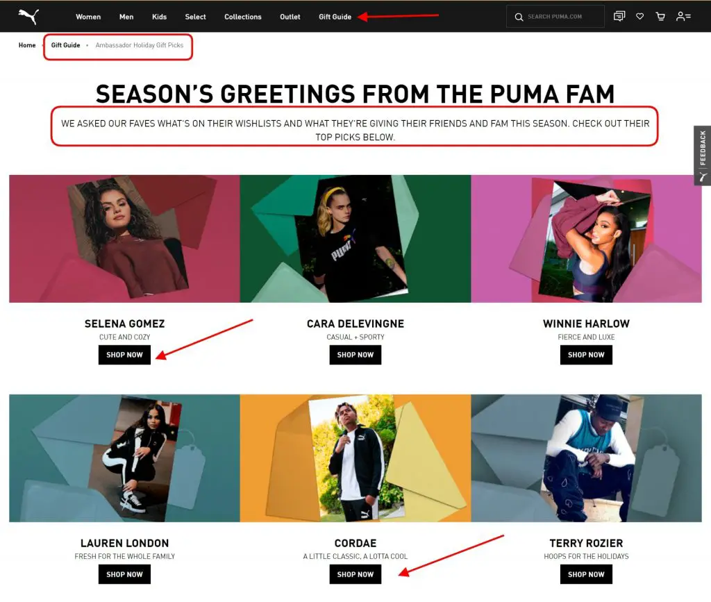 Gift recommendations from influencers on the Puma website