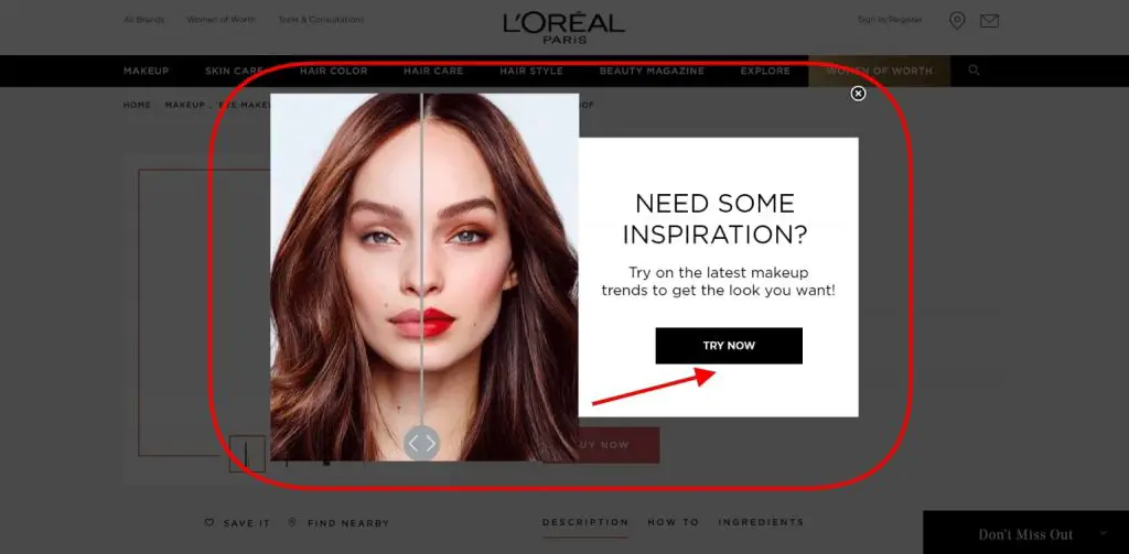 Virtual try-on feature on the L’Oreal Paris website