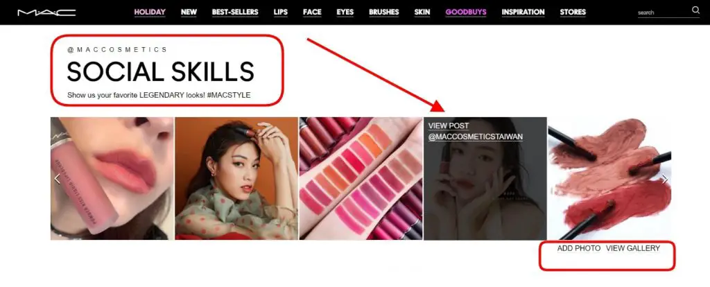 Social media widget on the MAC Cosmetics website