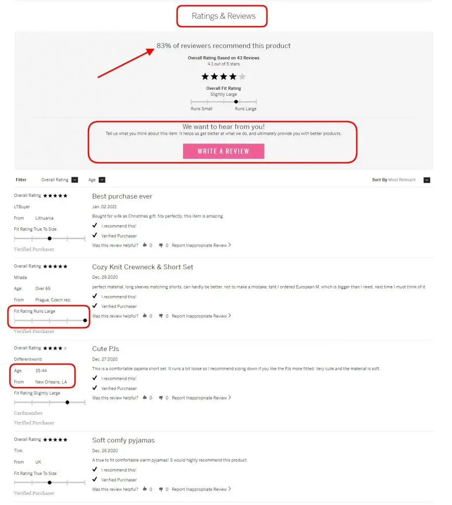 Product ratings block on the official Victoria’s Secret website