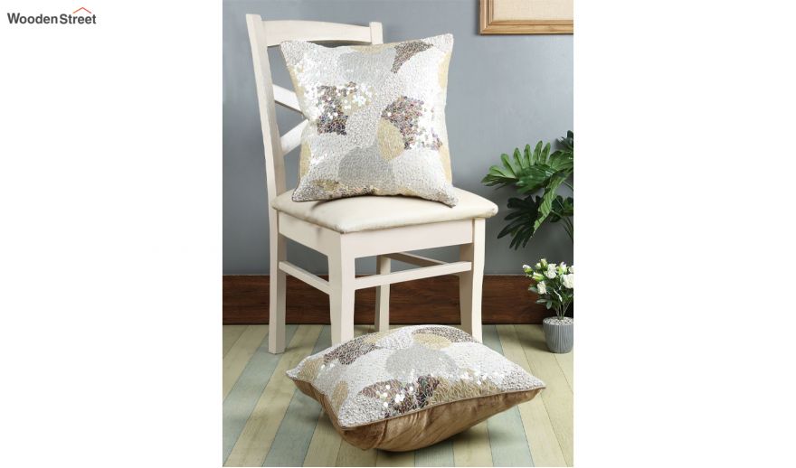 Off white and Copper Embellished Polyester Cushion Covers