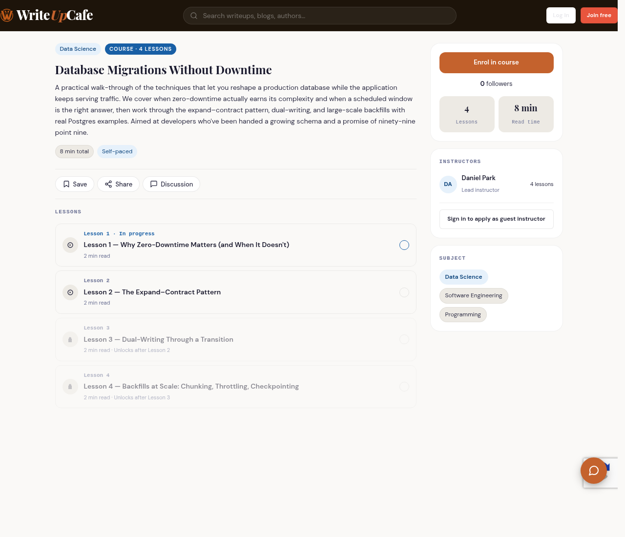 Screenshot of a published Course layout showing the curriculum, total read time, and lessons.