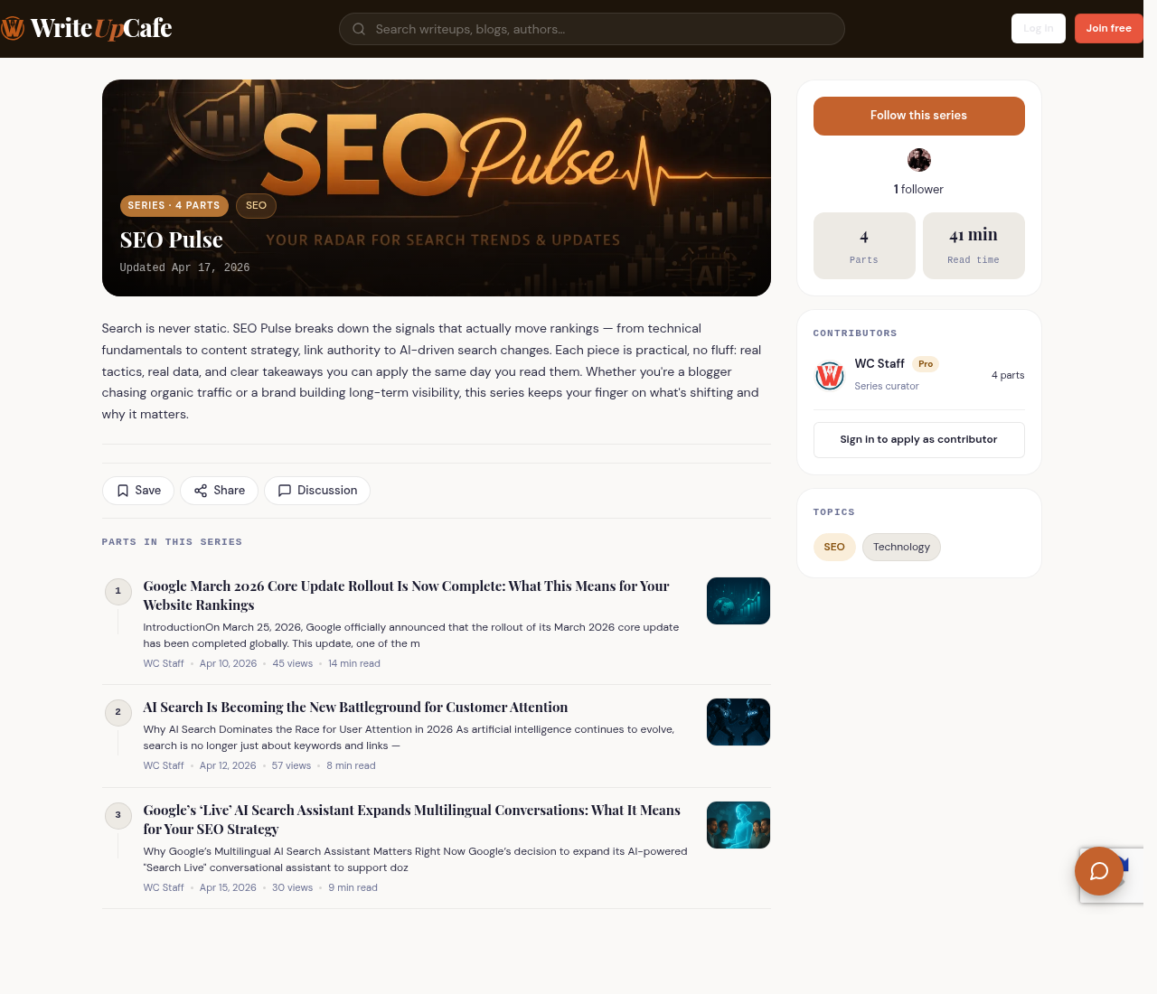 Screenshot of a published Series layout showing the hero cover, title, description, and a numbered timeline of parts.