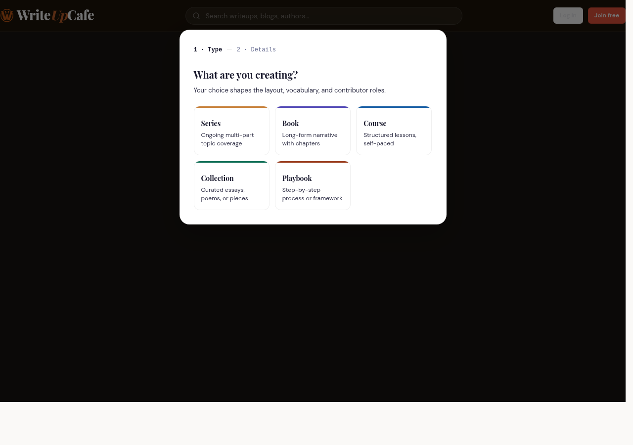 Screenshot of the Series creation modal on step 1, showing a grid of five type cards: Series, Book, Course, Collection, Playbook.
