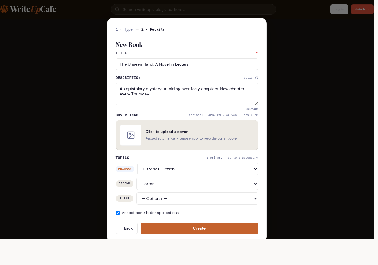 Screenshot of Step 2 of the Series modal for a Book type, showing fields for title, description, cover image, primary and secondary topics, and an 'Accept contributor applications' checkbox.