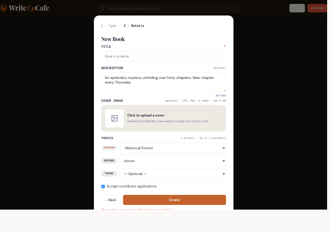 Screenshot of the Series modal step 2 showing a validation error message prompting the user to add a title before continuing.