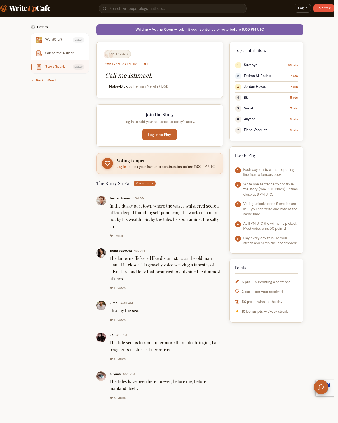Screenshot of the Story Spark page showing today's opening line from Moby-Dick, a chain of contributed sentences from different writers, a sidebar leaderboard, how-to-play guide, and points breakdown.