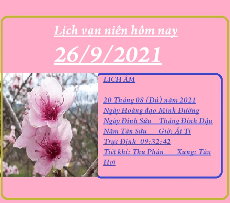 Trải nghiệm lịch vạn niên hôm nay ngày 26/9/2021