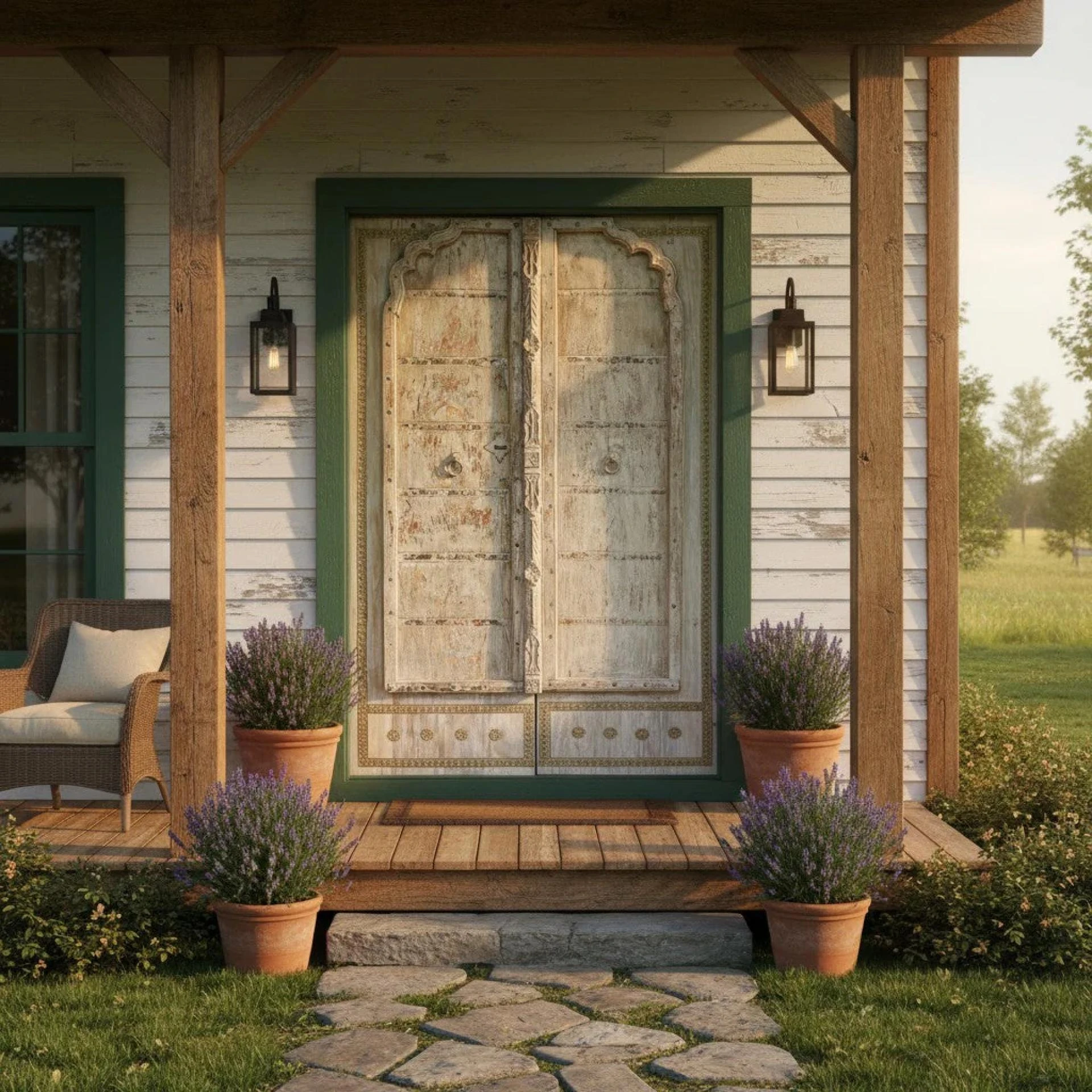 Grand Entrance with Custom Double Carved Doors by Mogul Interior