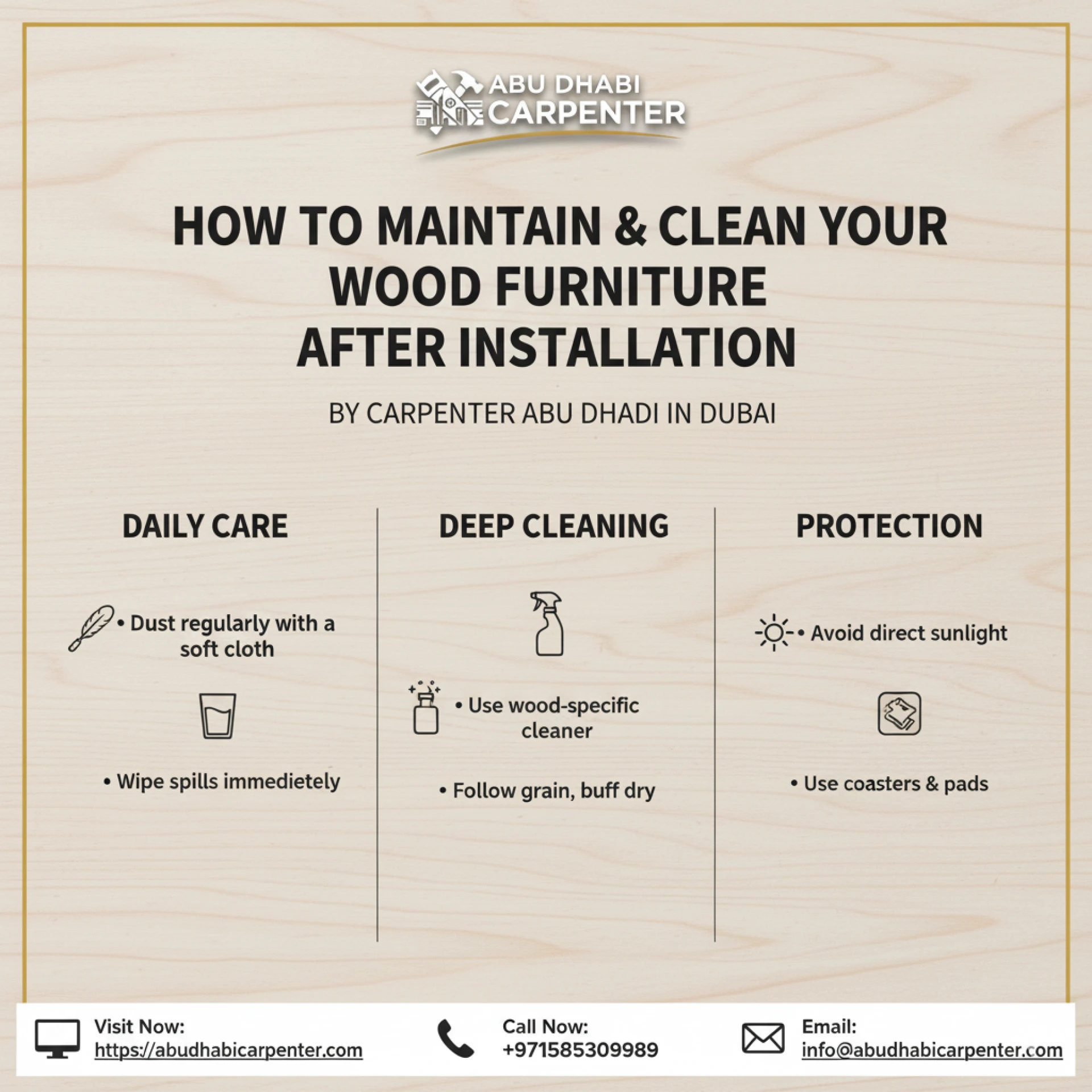 How to Maintain & Clean Your Wood-Furniture After Installation by Carpenter Abu Dhabi in Dubai