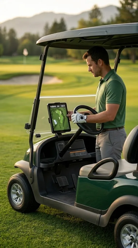 Golfer checking mounted GPS device on golf cart
