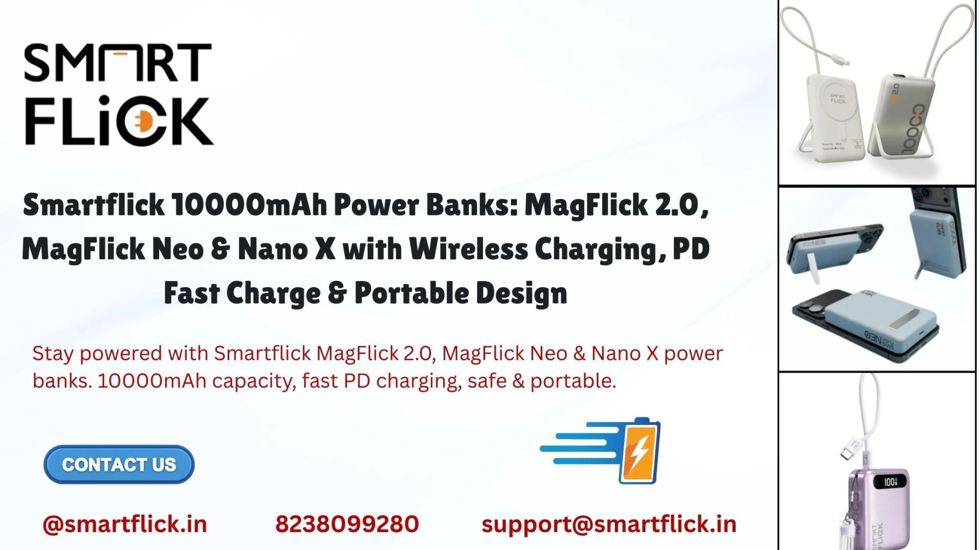 Smartflick 10000mAh Power Banks: MagFlick 2.0, MagFlick Neo & Nano X with Wireless Charging, PD Fast Charge & Portable Design