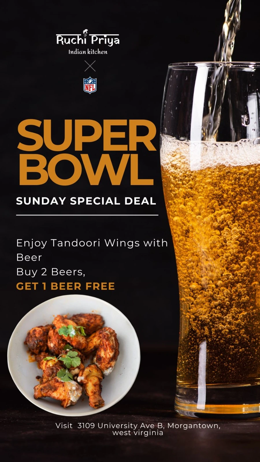 Buy 2 Beers, Get 1 Free: Super Bowl Sunday at Ruchi Priya Indian Kitchen