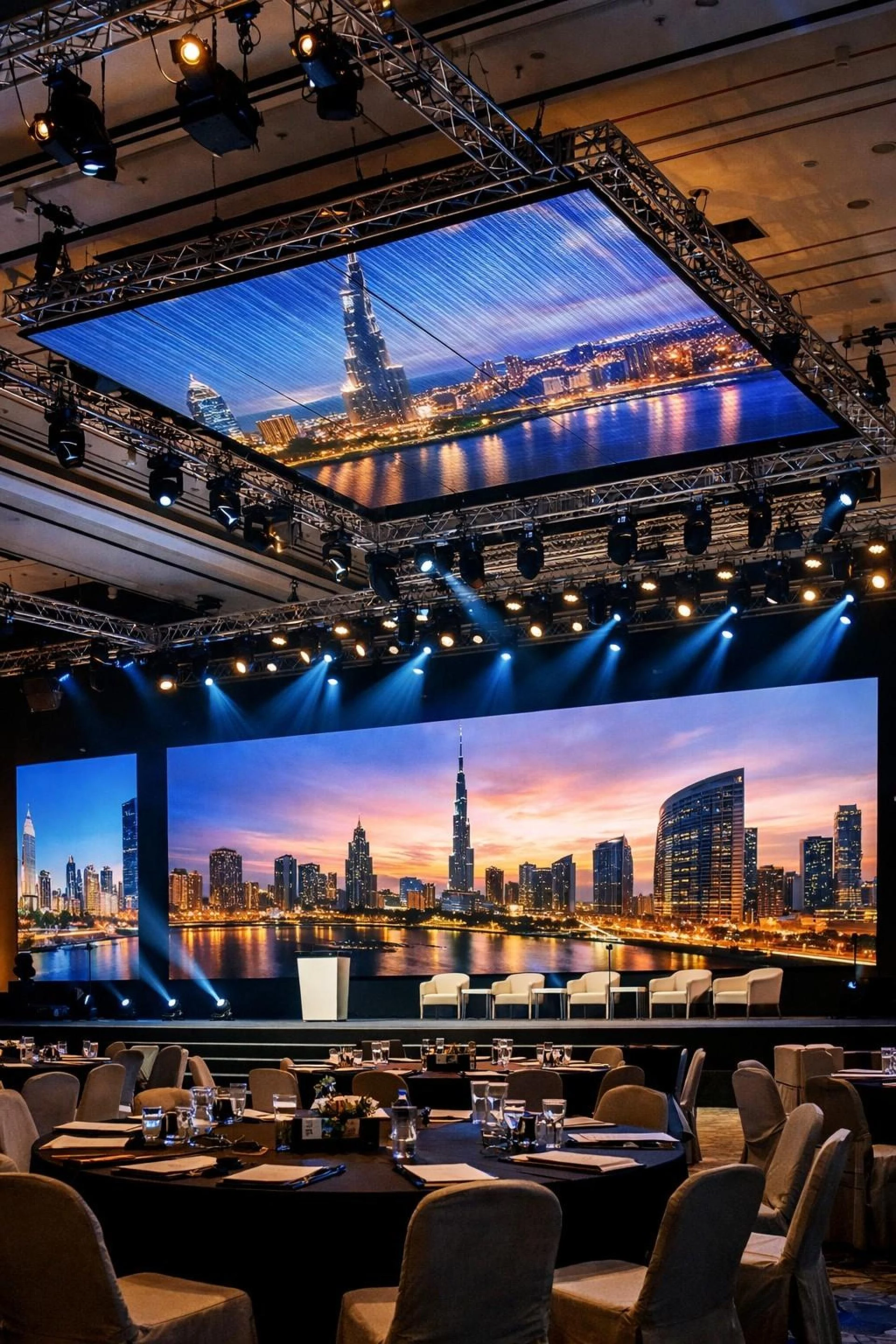 Advanced Ceiling LED Structures & LED Screen Rental Solutions for Dubai Corporate Events