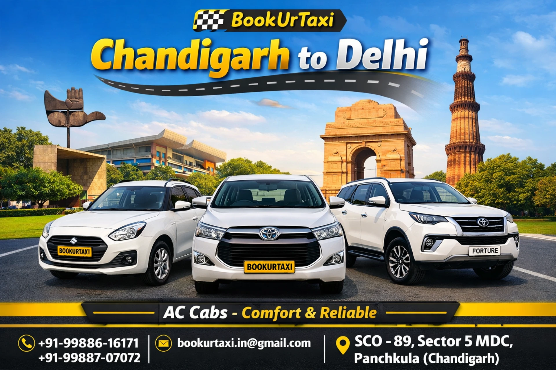 Chandigarh to Delhi Taxi | Booking Start ₹2350 - BookUrTaxi
