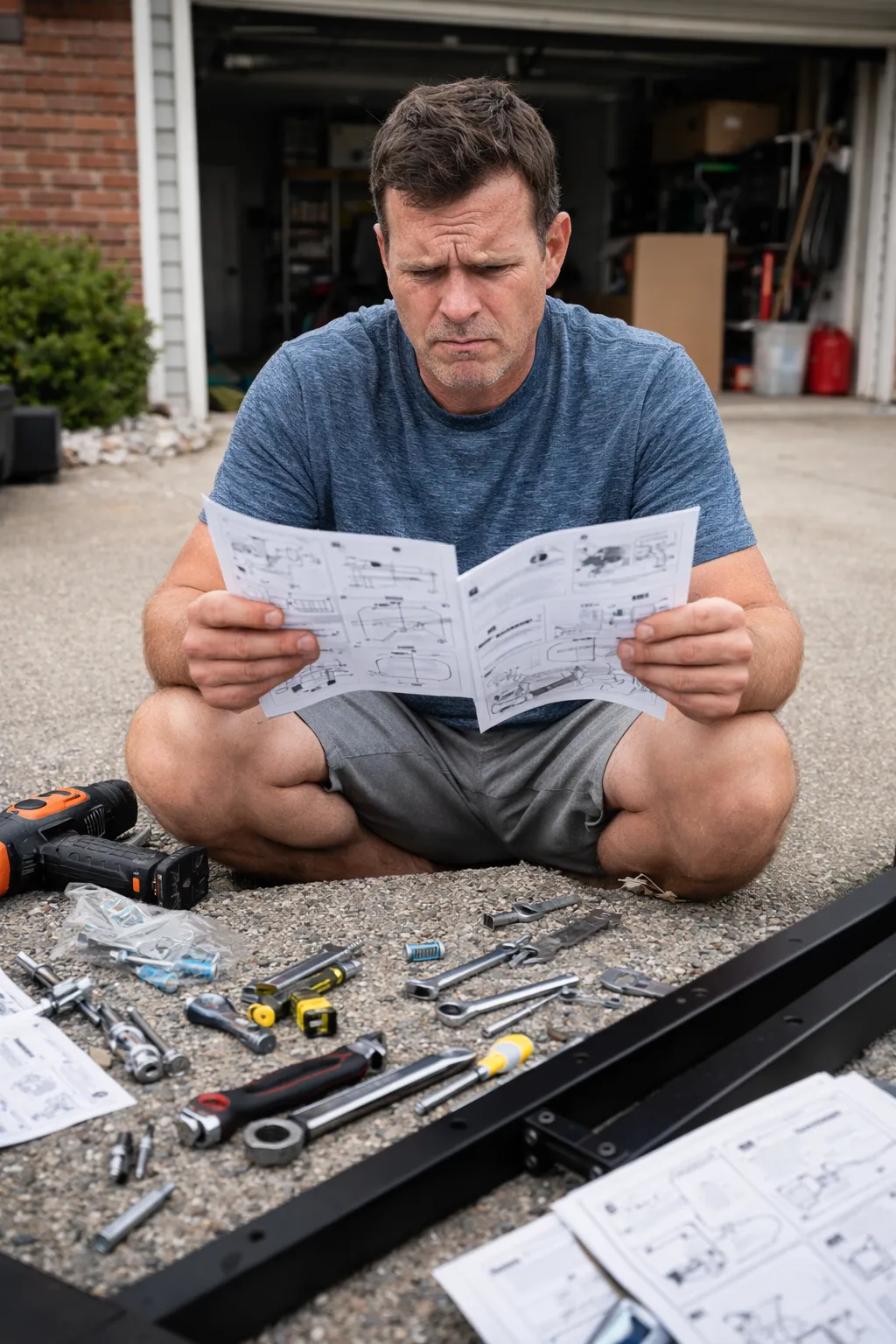 A frustrated homeowner looking at confusing instruction manuals and scattered tools on a driveway.