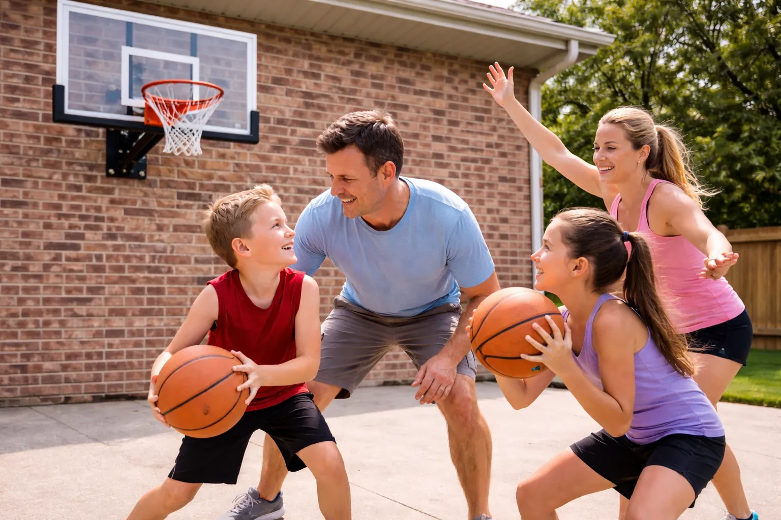 A happy family playing basketball on a sunny afternoon in a backyard with a newly installed professional hoop.