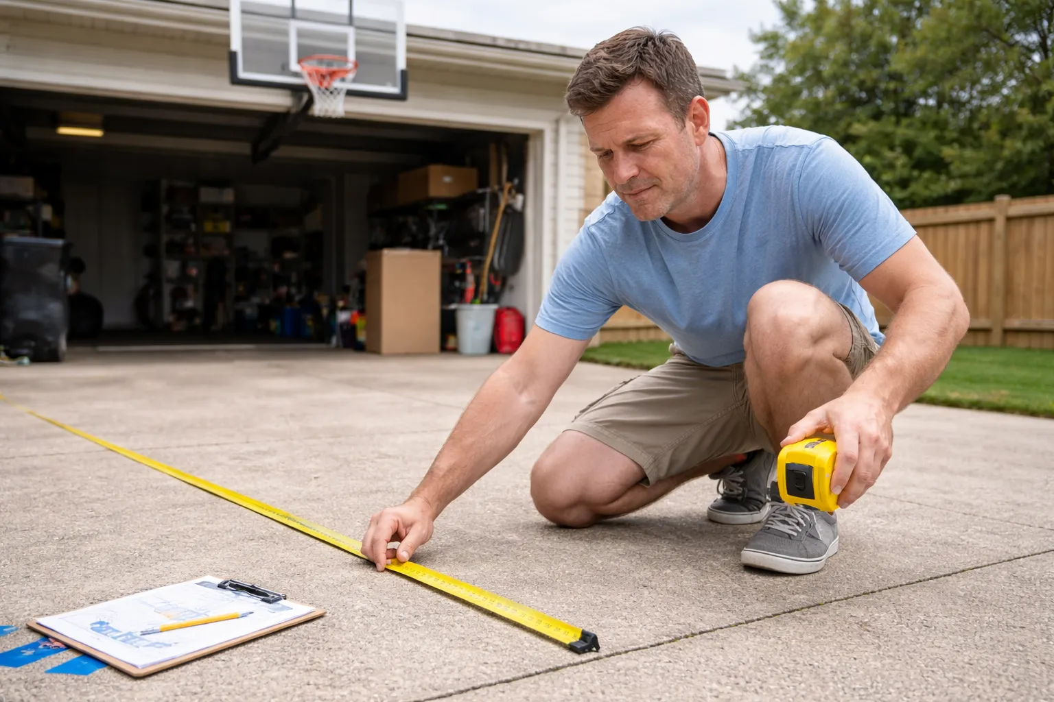 A homeowner measuring a driveway to plan for a new basketball court layout.