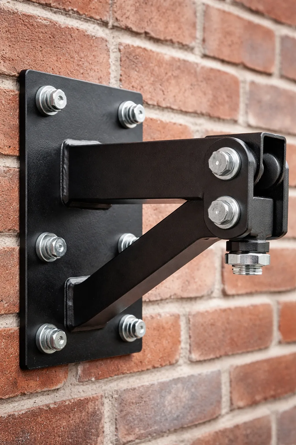 Close up of a heavy-duty steel wall mount bracket securely fastened to a brick wall.