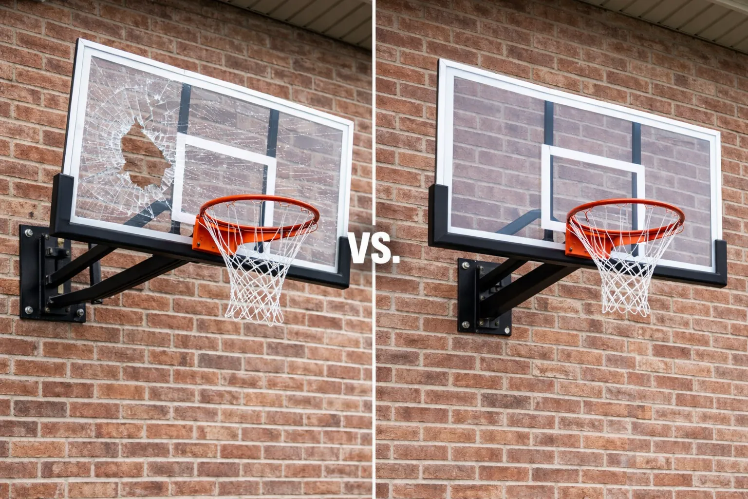 Split screen image showing a leaning DIY hoop versus a perfectly straight professionally installed hoop.