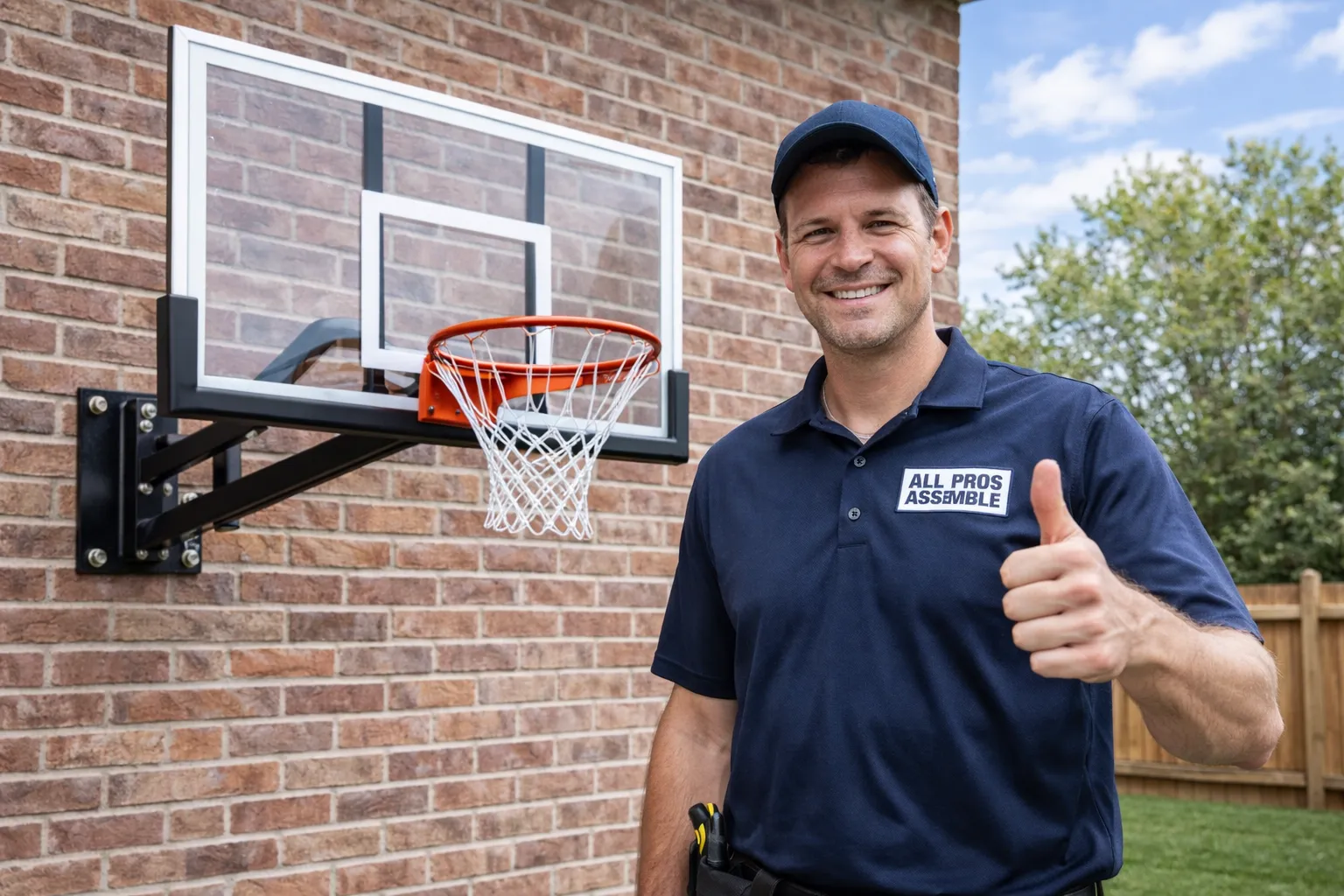 uniformed technician smiling and giving a thumbs up next to a completed basketball hoop.