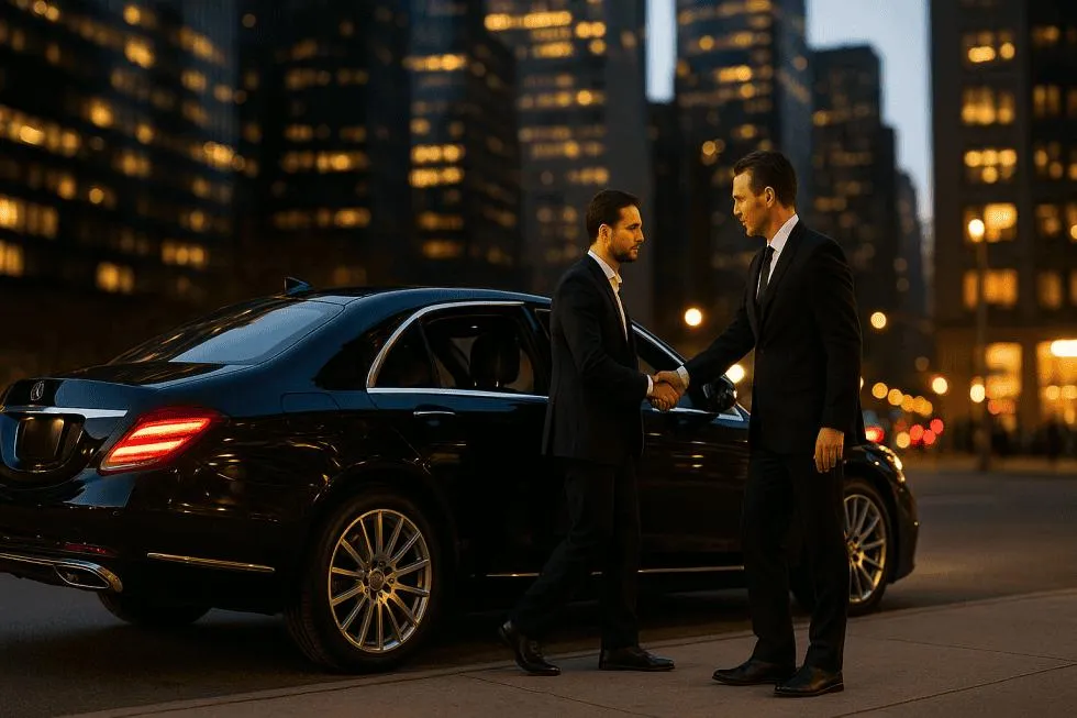 Executive car service in New York City with chauffeur and client meeting beside luxury sedan at night