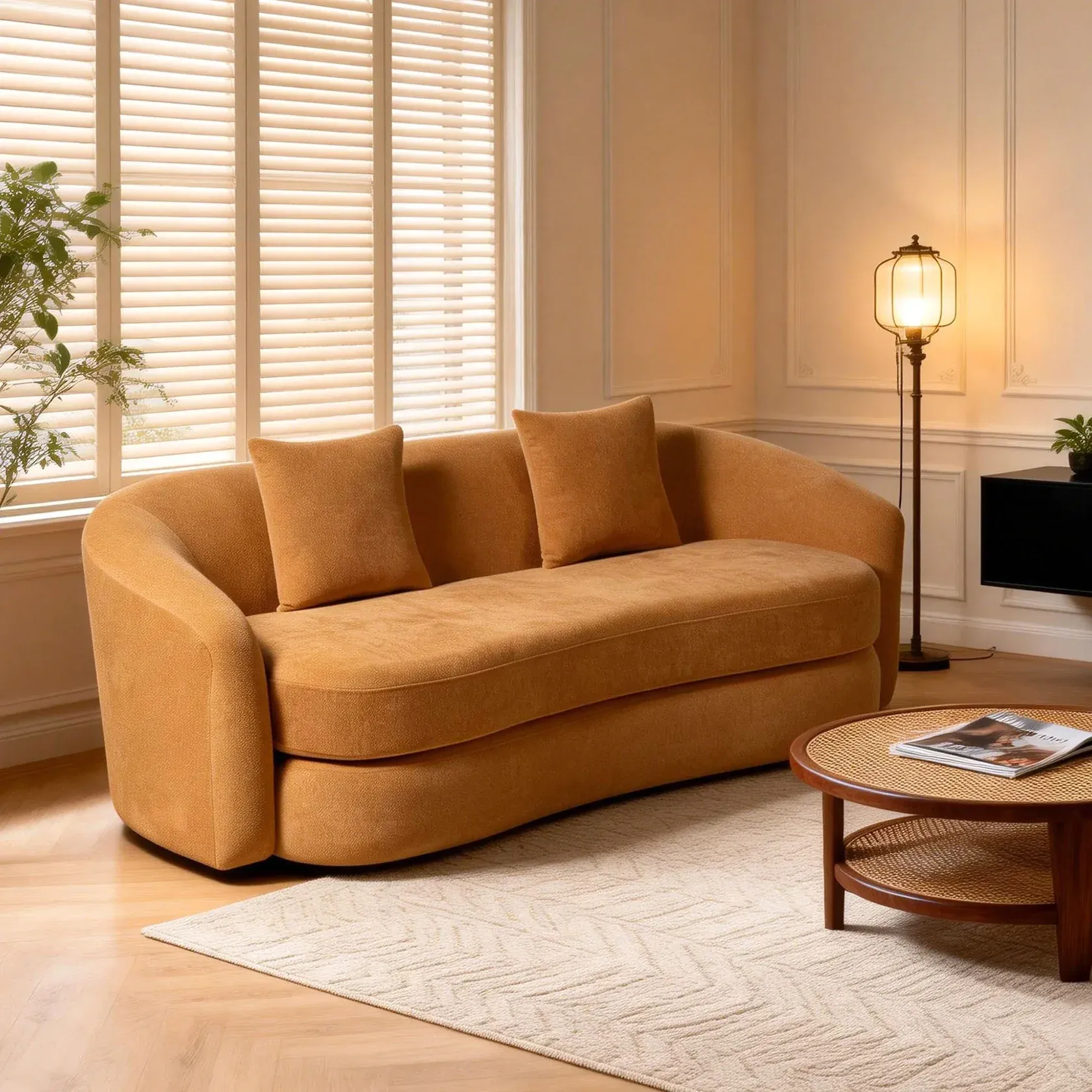 Orange curved modern sofa as stylish living room seating in a warm modern living room with matching cushions, round wood coffee table, soft rug, and floor lamp