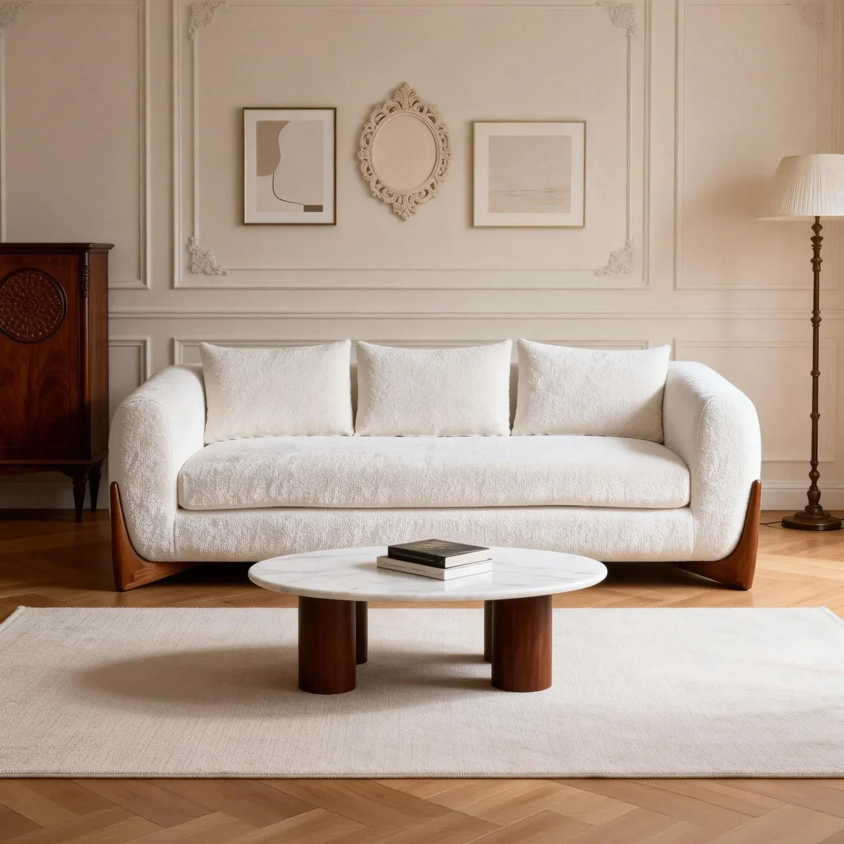 White bouclé sofa with curved arms and wood legs as elegant living room seating in a modern living room with round marble coffee table, neutral wall art, and parquet flooring