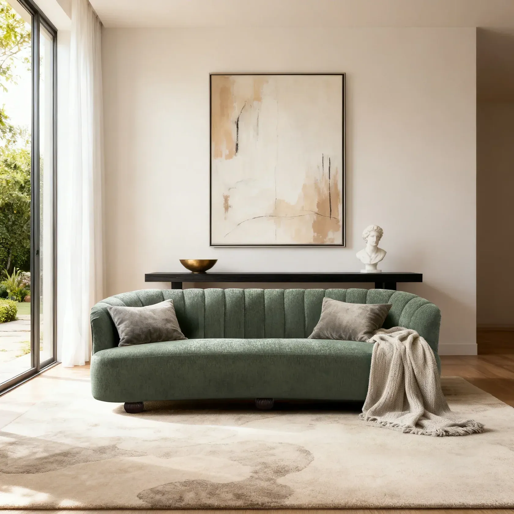 Green curved channel-detailed sofa as elegant living room seating in a bright modern living room with neutral rug, abstract wall art, and floor-to-ceiling windows