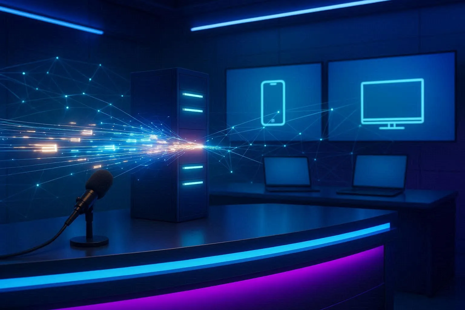 Global network diagram illustrating real-time video data delivery to multiple devices without buffering delays.