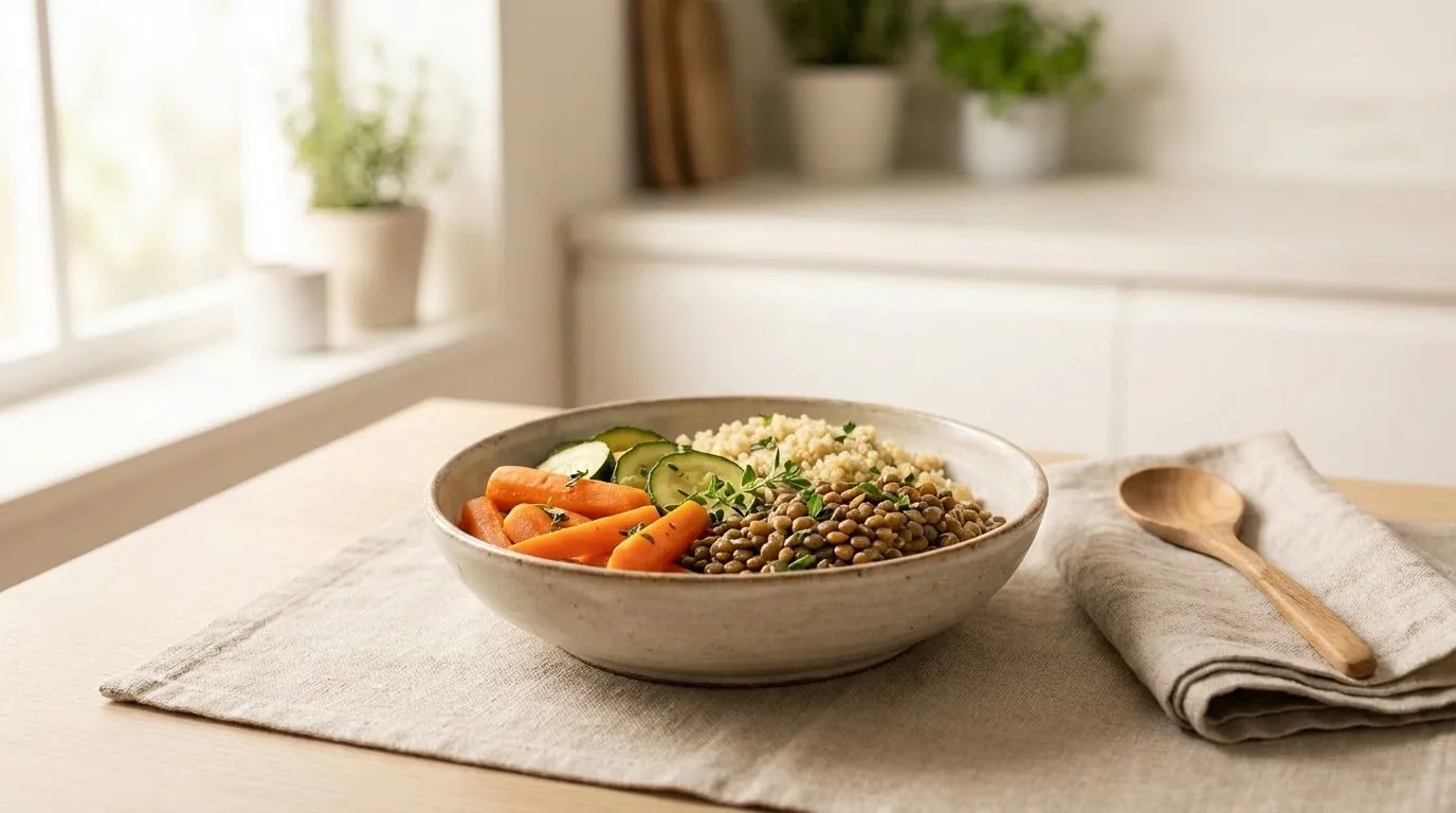 gentle plant-based meal with rice vegetables and lentils for sensitive digestion