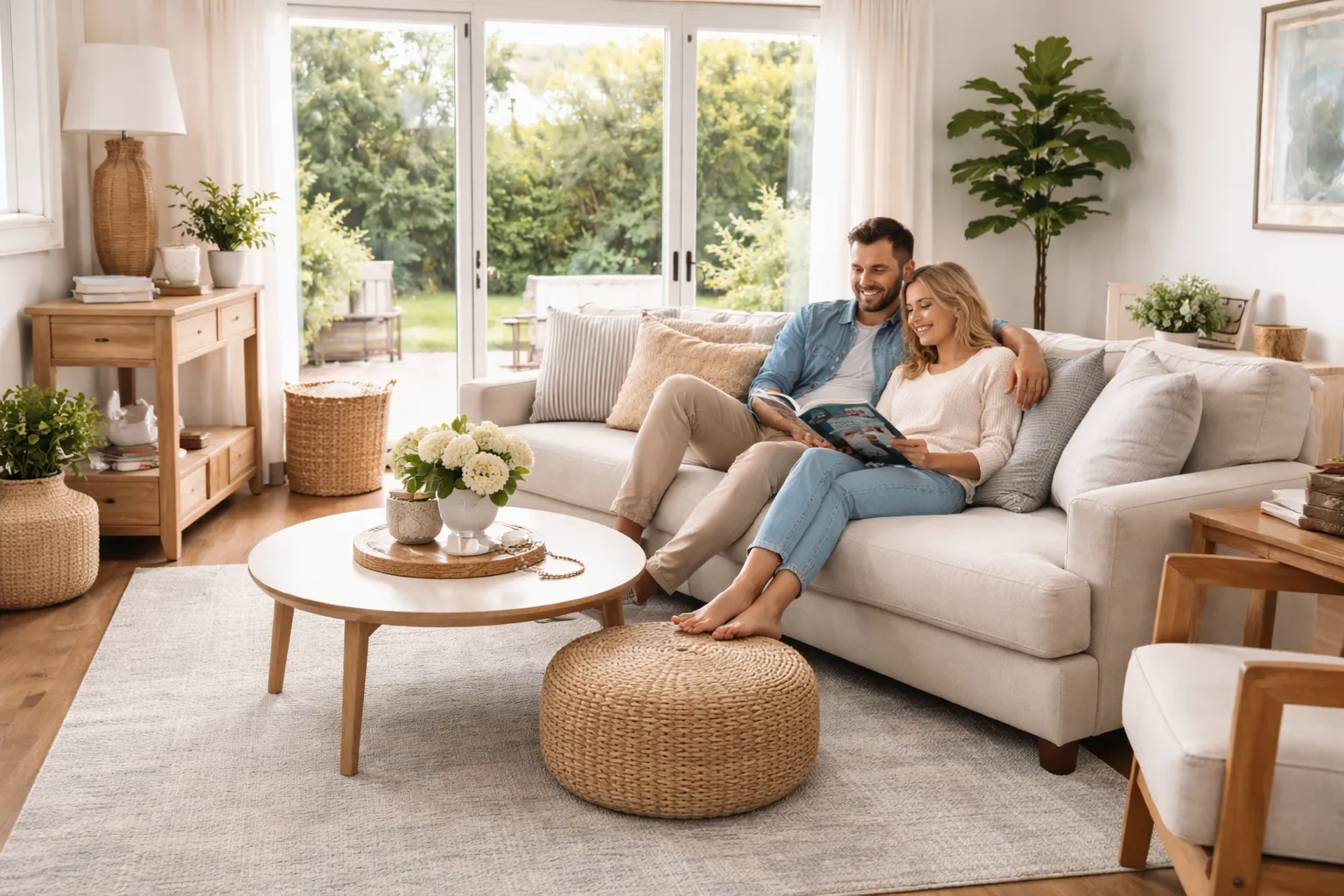 Couple relaxing in a living room with optimal furniture arrangement for better flow