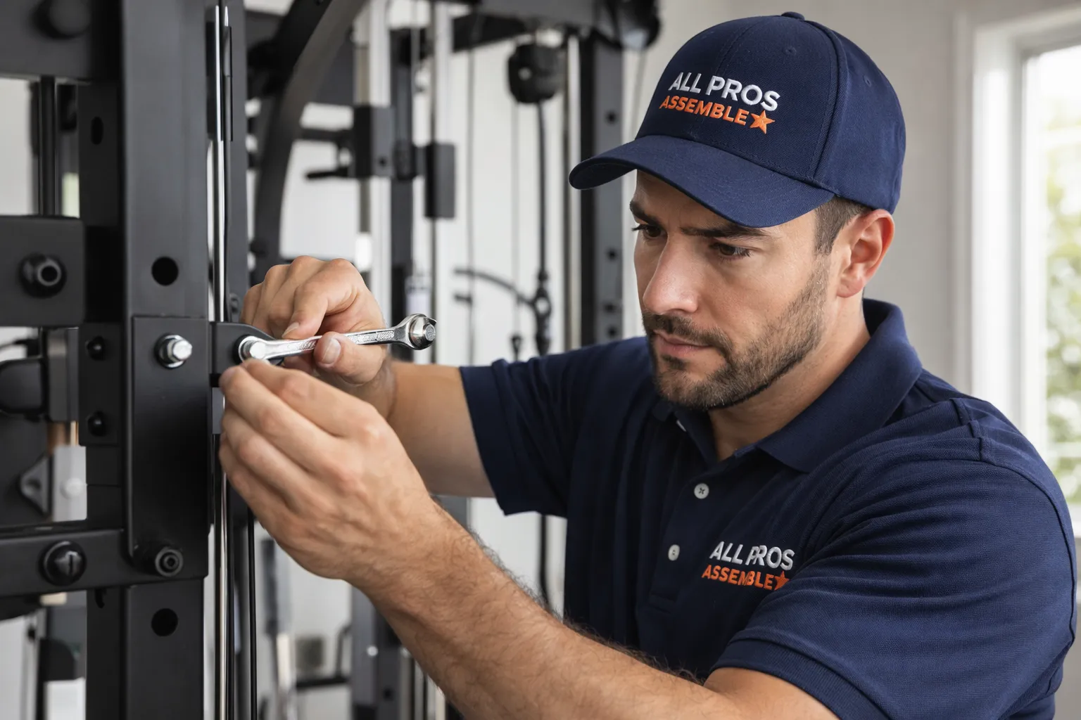 Gym equipment assembler putting together a treadmill and weight machine.