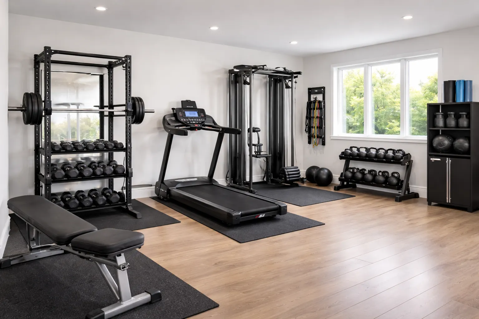 Modern home gym with professionally assembled fitness equipment.