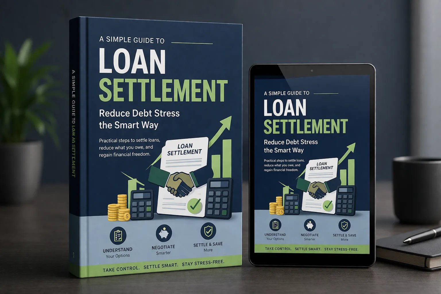 A modern, high-quality mockup design for a financial guide titled “A Simple Guide to Loan Settlement: Reduce Debt Stress the Smart Way”. The scene features a clean, professional workspace with soft lighting. A hardcover book stands upright next to a sleek tablet displaying the same cover design. The color palette includes navy blue, white, and subtle green accents to convey trust and financial growth. The book cover includes bold typography, financial-themed illustrations such as charts, coins, a handshake agreement, and a calculator. The background is slightly blurred with a minimalist desk, a notebook, and a coffee cup to enhance realism. The overall style is polished, corporate, and visually appealing, suitable for a blog, website, or marketing material.