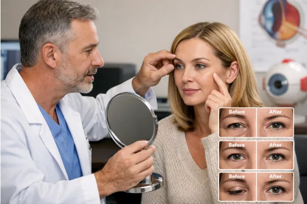 Doctor examining a woman's eye with a mirror, showing before and after results
