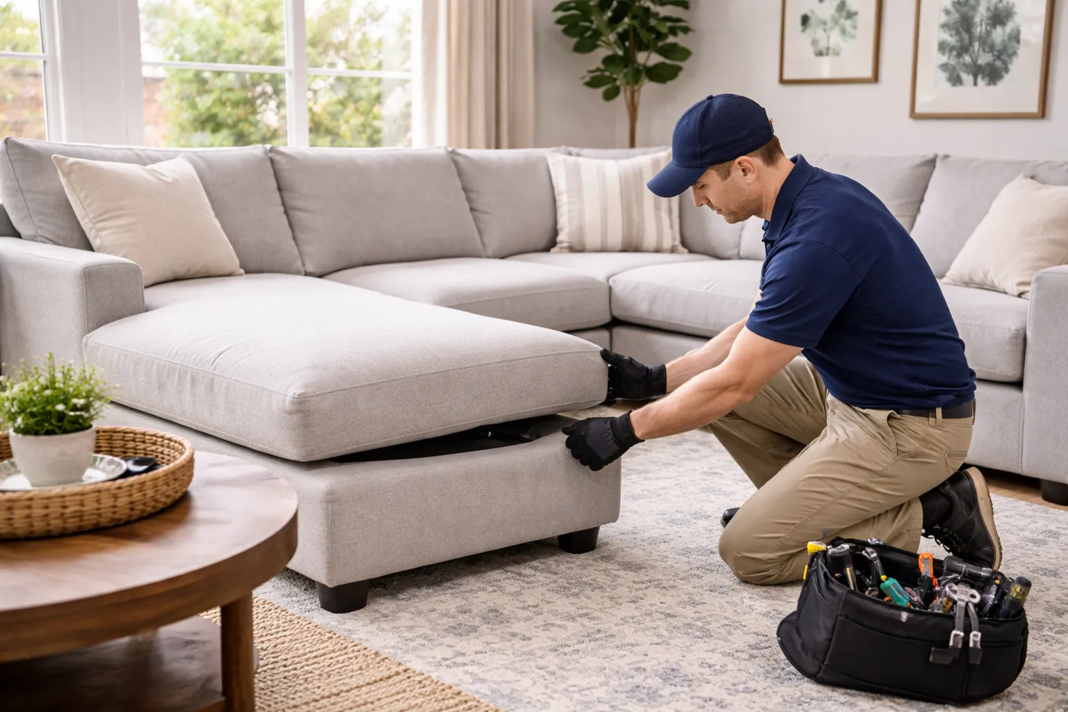 Professional preparing for a safe and clean furniture breakdown.