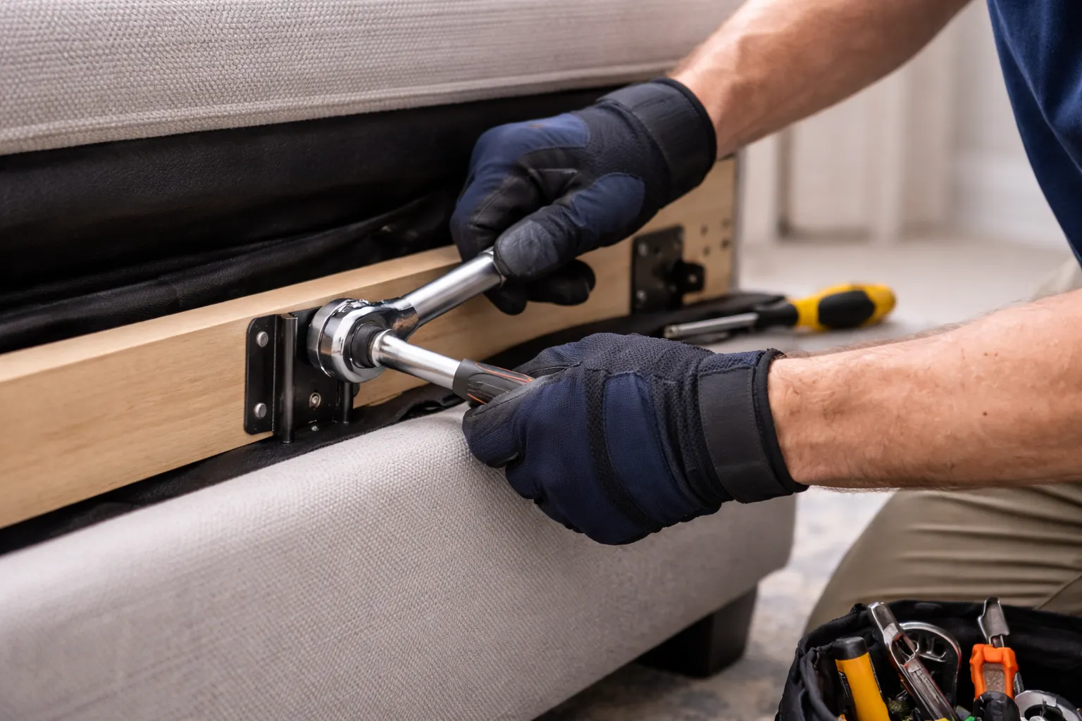Expert technician providing detailed sofa repair near me home service.