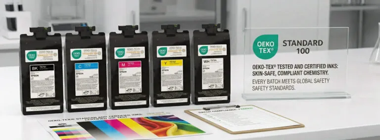 OEKO-TEX certified safety inks used in custom apparel printing