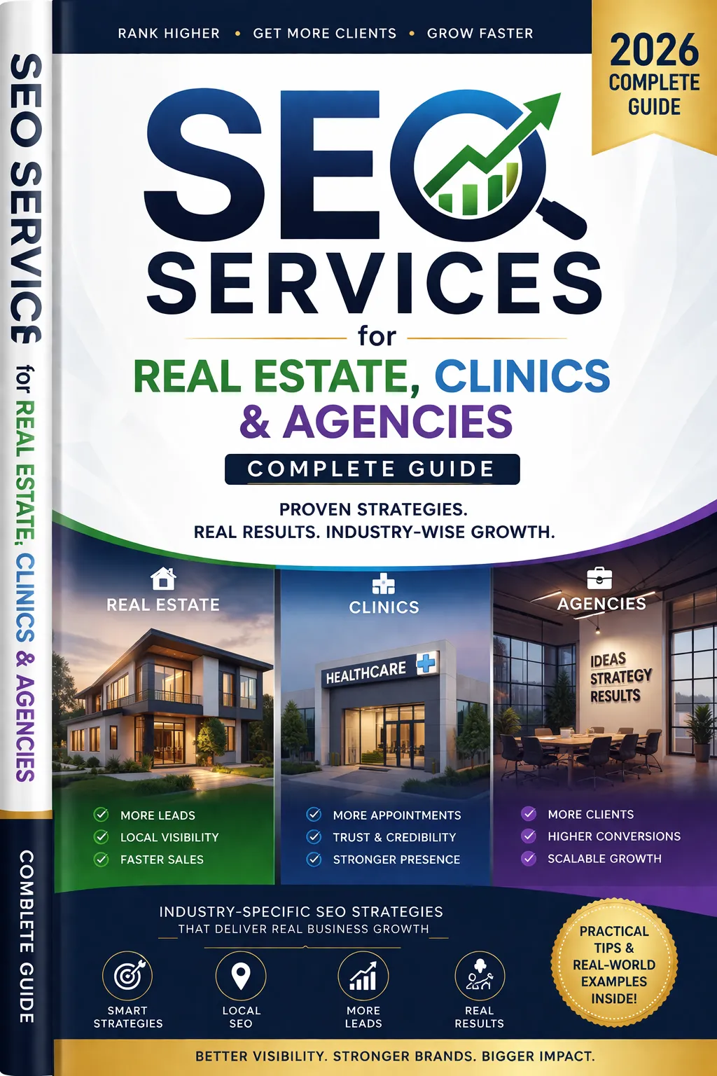Modern book cover design for SEO services for real estate, clinics and agencies with AI-driven digital marketing concept