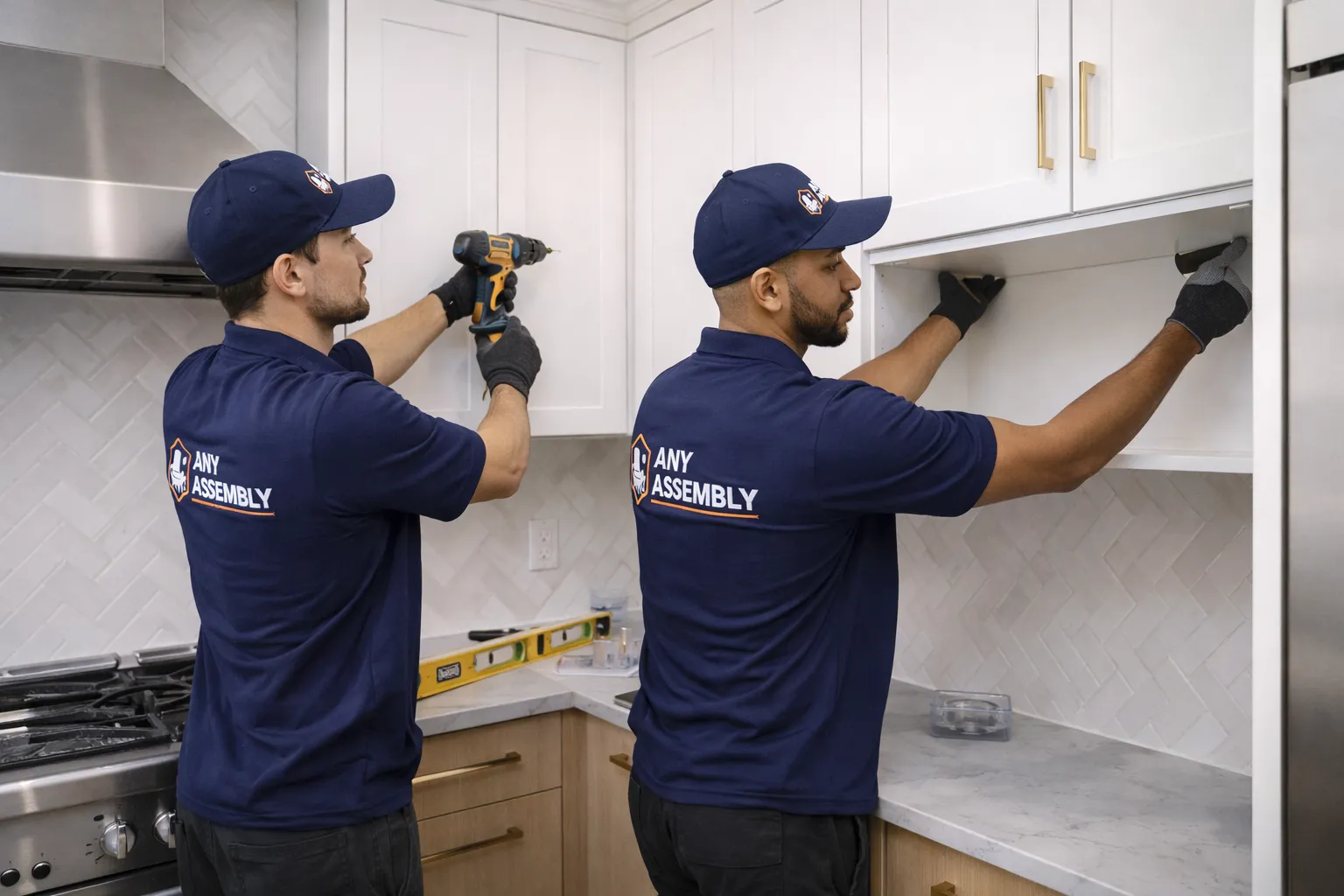 Expert installers securing wall cabinets with precision.