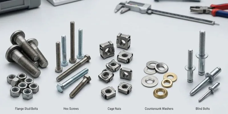 Engineered Fastening Solutions: Flange Stud Bolts, Hex Screws, Cage Nuts, Countersunk Washers & Blind Bolts for Industrial Use.