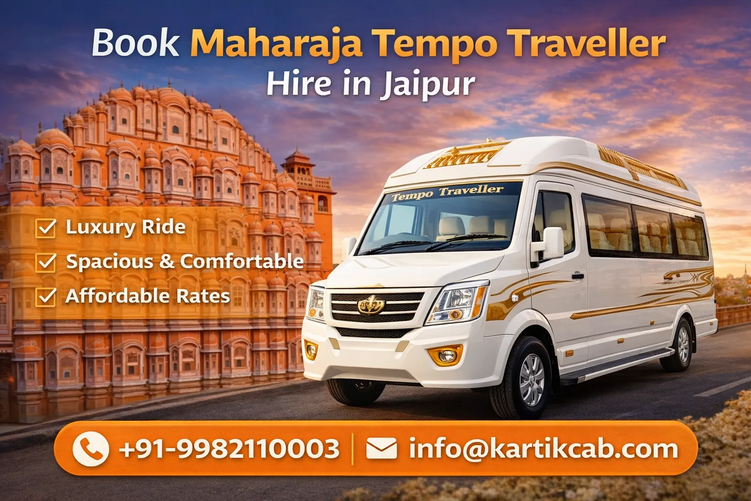 Book Maharaja Tempo Traveller hire in Jaipur with Luxury seating, AC, push-back seats