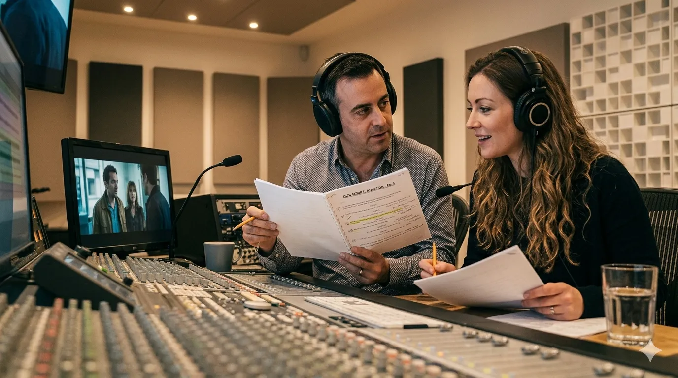 Professional voice artists recording at a human dubbing studio with mixing console and sound booth visible in the background