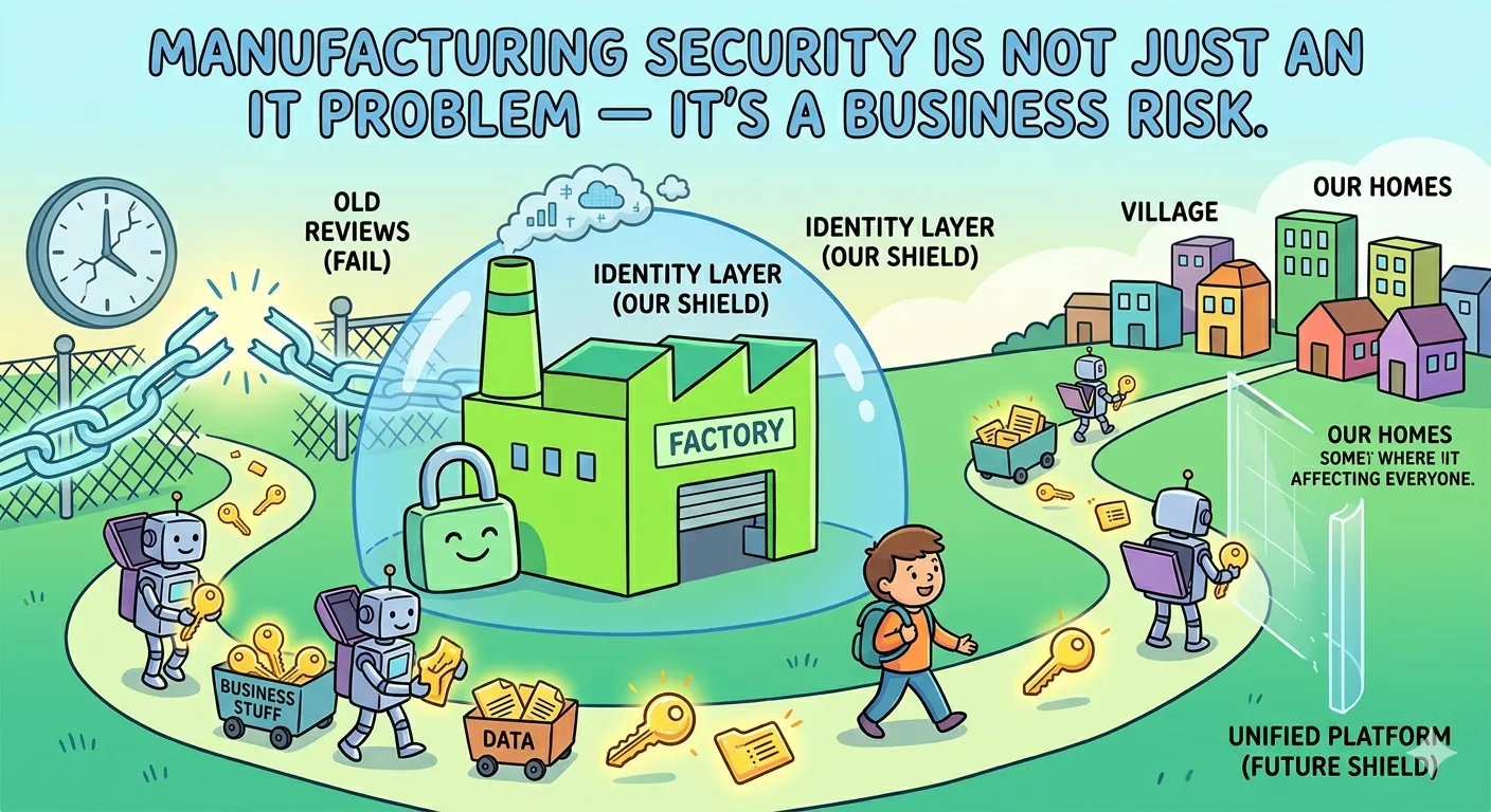 Infographic mapping a complex manufacturing ecosystem, highlighting vulnerability points created by unmanaged, accumulated digital access keys of suppliers and contractors.
