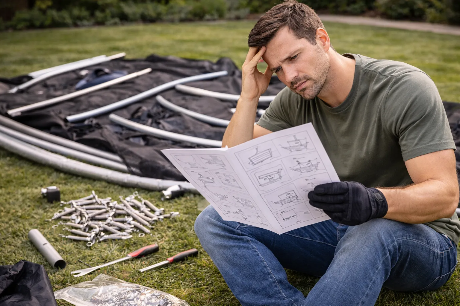 A messy pile of trampoline springs and parts showing the difficulty of DIY installation.