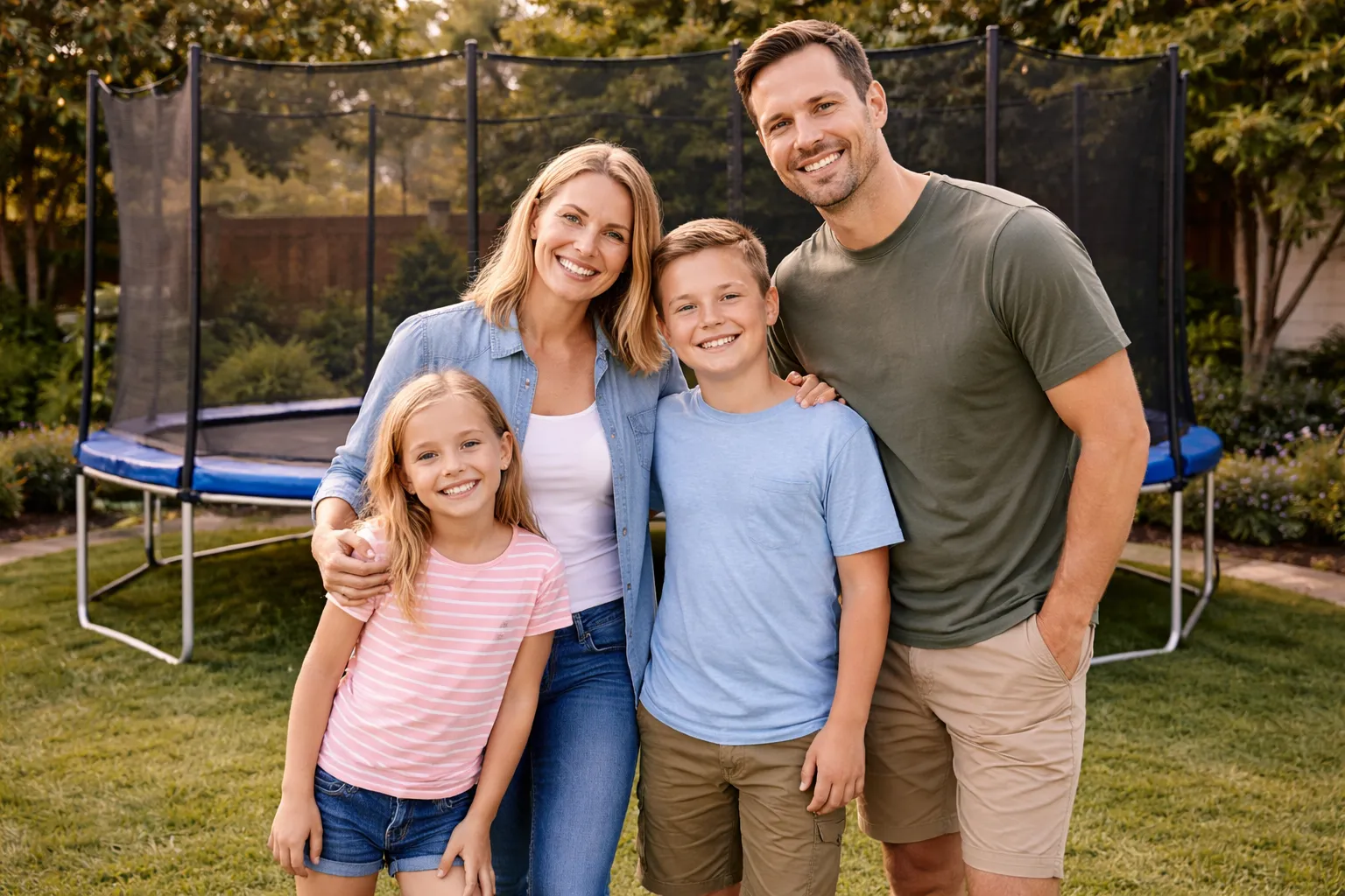 Happy family looking at a professionally installed trampoline in their Jessup MD backyard.