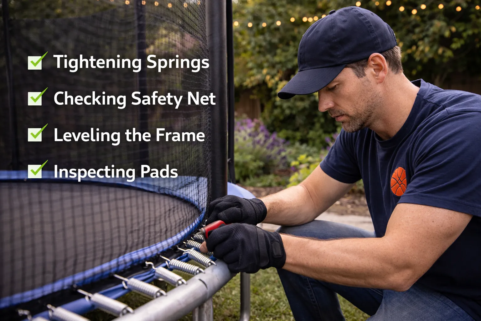 Trampoline Install professional tightening springs during a maintenance check.