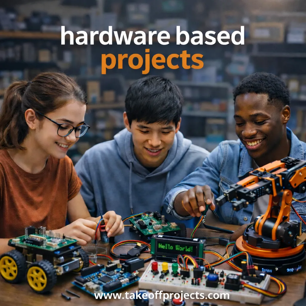 Three students working on hardware-based projects, assembling circuits and testing a robotic arm and microcontroller setup in a lab.