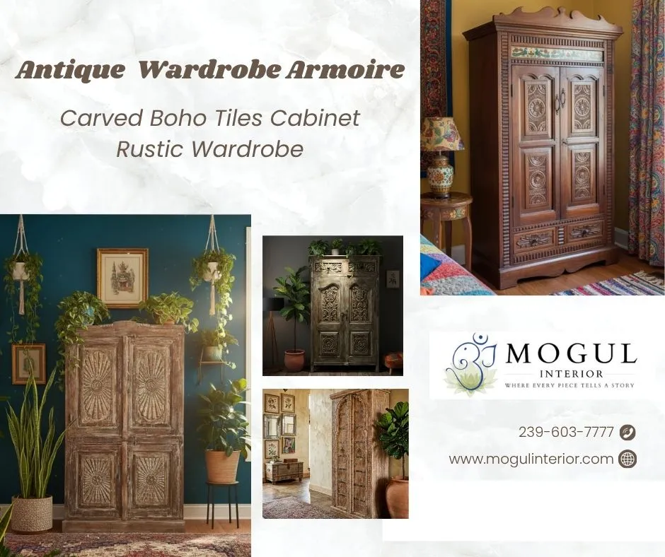 Antique  Wardrobe Armoire – Carved Boho Tiles Cabinet Rustic Wardrobe